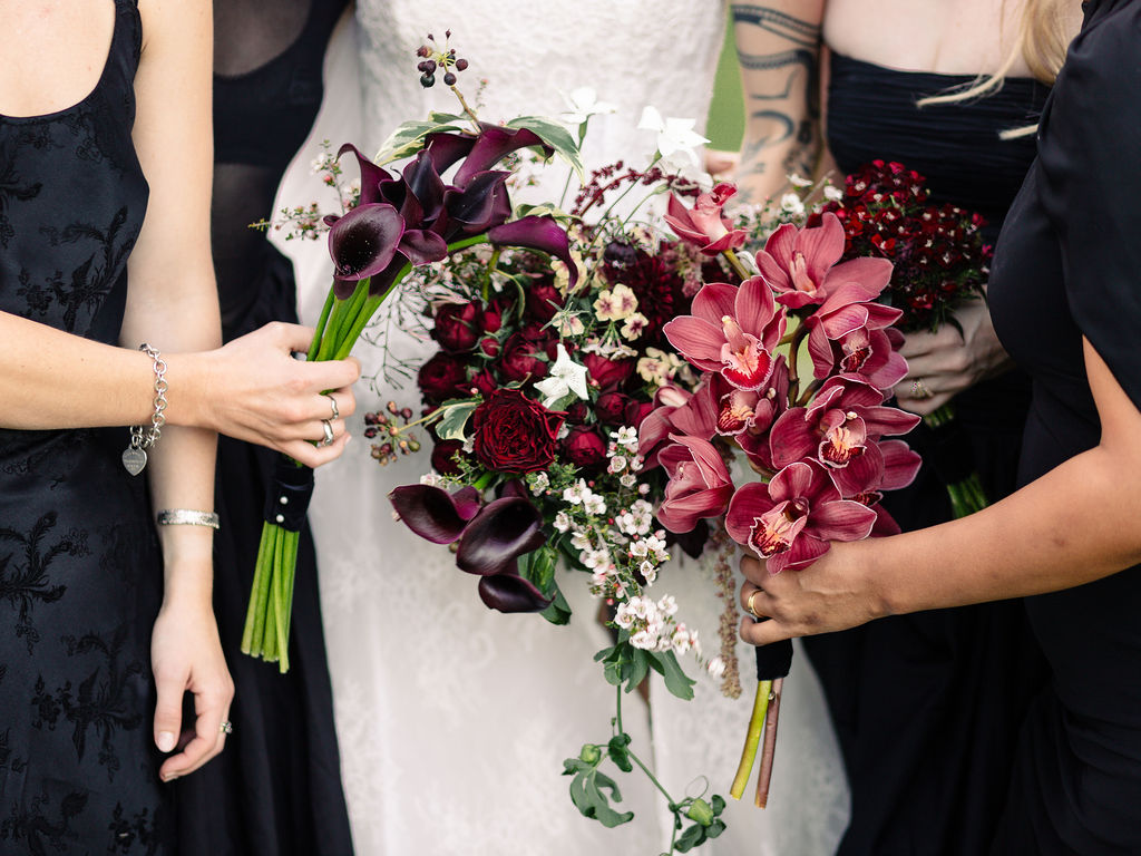 Dark calla lily, garden rose, wax flower and mauve-pink cymbidium orchid wedding bouquet closeup – Bundanon wedding flowers by Krysta Smith Floral Artistry